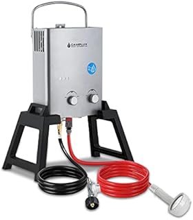 Camplux 1.32 GPM Portable Outdoor Tankless Water Heater Propane Instant Hot Camping Shower w/ Freestanding Stand and Carry Bag, Gray