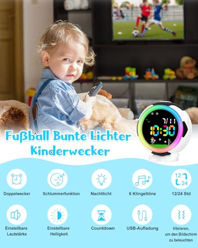 Ayybboo Jungen und Mädchen Fußball Wecker, Digitaler Nachtlicht Kinderwecker mit Schlummerfunktion, 6 Klingeltönen, 12/24 Stunden und Dual Alarm Digitaler Fußball Wecker