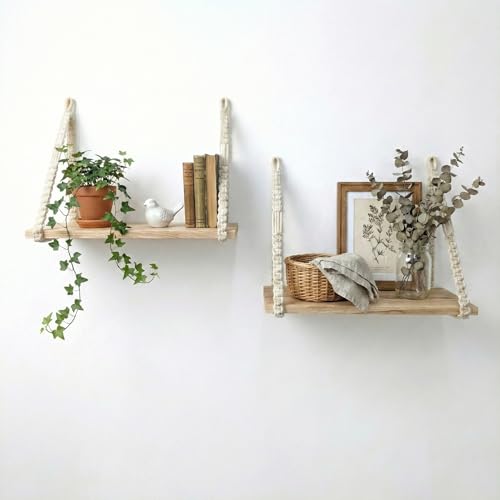 Image of Decazone Macrame Wall Shelf Set of 2 - Handwoven Cotton Rope Hanging Shelves with Pine Wooden Planks for Home Decor, Living Room, Bedroom & Balcony.