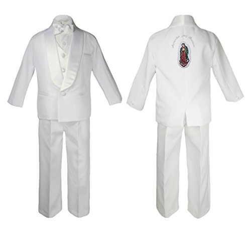 Image of Baby Boy Baptism Church White Tail Suit Gold Guadalupe on Back of The Suit SM-20