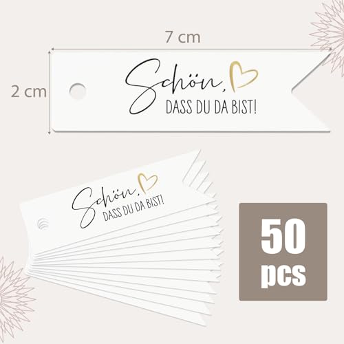 MEJOSER 50 Stück Schön dass Du Da Bist Anhänger Hochzeit Geschenkanhänger Geburtstag Weihnachten JGA Taufe Gastgeschenke Etiketten Tags Label mit Schnur Herz