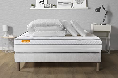 Septnuits Pack Matelas + sommier 140x190 Memo Luxe Ressorts ensachés + mémoire de Forme 5 Zones de Confort Maxi épaisseur | Epaisseur : 26 cm | Confort : Equilibré Cover