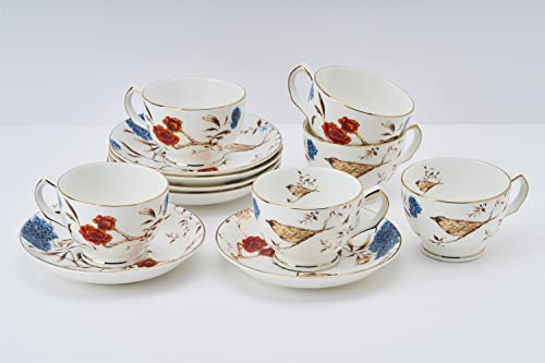 Image of GOLDEN QUEEN'S Cup & Saucer Set | Perfect for Hosting & for Tea /Coffee Lovers | Handcrafted in India, Inspired by Florals & 24K Gold Rim | 6 Cups & 6 Saucers |170 ml - Birdsong & Blooming Blossoms