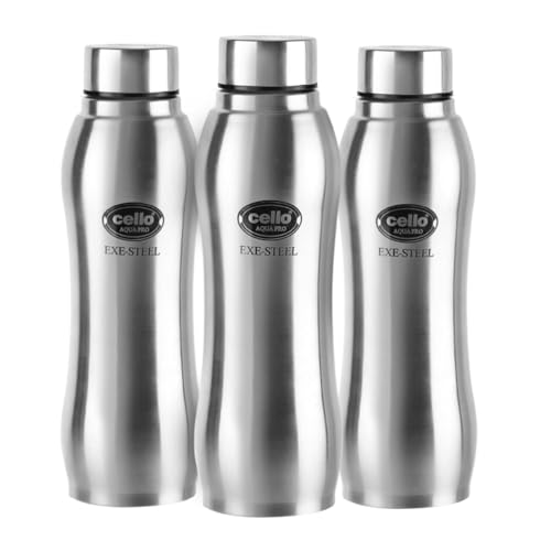Image of CELLO Aqua Pro Stainless Steel Water Bottle 1000ml Set of 3 Pcs | ISI Certified, Single Walled | Leakproof, Rust Proof, Food Grade, Easy to Carry | Airtight Steel Bottle for Fridge, Office, Gym