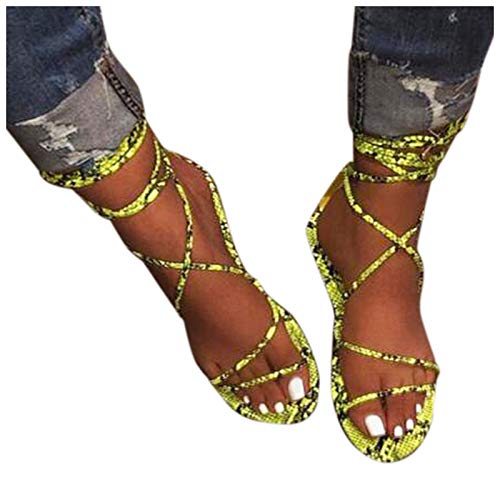 Aniywn Gladiator Sandal Lace up Flat Sandals for Women Summer Dress Shoes Open Toe Strappy Outdoor Slip On Shoes Yellow