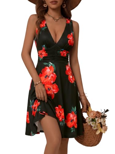 Image of OURIN Women's Spring Deep V Neck Sleeveless Floral Sundresses with Pockets Flowy Summer Dresses for Women