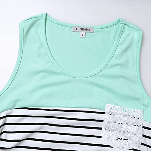 Ginkana Maternity Sleeveless Top Color Block Stripes With Crochet Pocket Maternity Sleeveless Tunic Shirts,Mint Green,Xl #TOP2