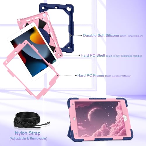 Image of Auizotl Case for iPad 9th /8th /7th Generation 10.2 Inch iPad Case 9th Generation with Screen Protector /Rotate Stand /Pen Holder, Heavy Duty Shockproof i Pad 9th /8th /7th Case,Navy Rose