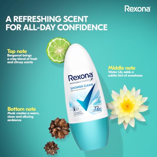 Image of Rexona Motion Activated Roll-On | Shower Clean Underarm Deodorant for Women | up to 72Hr sweat+odour defence | 45 ML (Pack of 2)