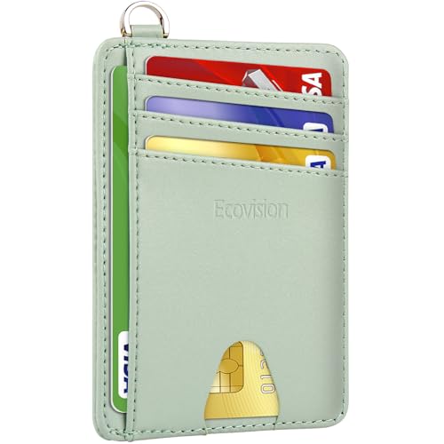 Image of Slim Minimalist Front Pocket Wallet, RFID Blocking Credit Card Holder Wallet with Detachable D-Shackle for Men Women, Cowhide Matcha Green, small, Minimalist