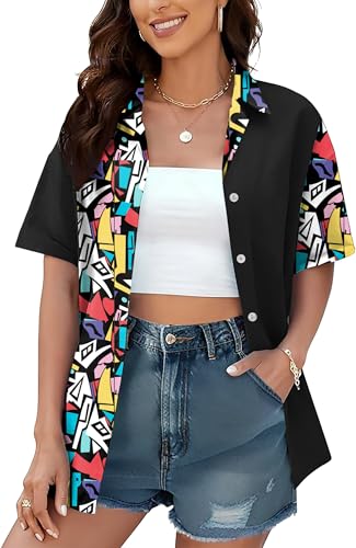 80s 90s Shirts for Women: 80's Neno Disco Party Tshirts 1980s Hawaiian Button Down Blouse Tops
