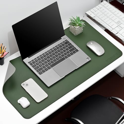Image of AROPANA Vegan Leather Desk Mat | Large Reversible Mouse Pad & Computer Table Protector | Dual-Side Waterproof Extended Laptop Pad with Edge-Stitched Design (90x45CM, Deep Green & Grey)