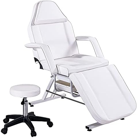 Mbolyeer Massage Salon Tattoo Chair with Two Trays Esthetician Bed with Hydraulic Stool, Multi-Purpose 3-Section Facial Bed Table, Adjustable Beauty Barber Spa Beauty Equipment (White) Cover