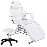KEIKI Massage Salon Tattoo Chair Esthetician Bed with 2 Trays and Hydraulic Stool, Standard Multi-Purpose 3-Section Facial Bed Table with Adjustable Spa Beauty Equipment, Easy Assembly, White