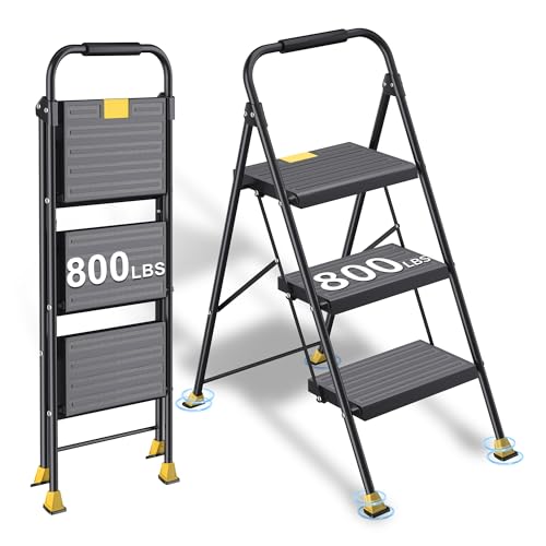 Step Ladder Foldable Folding Stool - for Home Adults Kitchen 3 Stepping Extension Tall Heavy Duty with Handrails - Closet Stepstool Stair Ladders Extendable Stepladder for Indoor House 800Lbs
