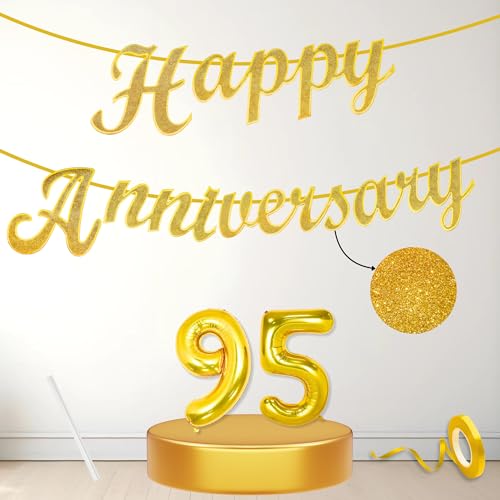 Image of Flyloons 95th Happy Anniversary Banner Gold Decorations Kit for Men Women Wedding Anniversary Banner Items without Balloons