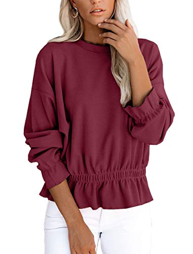 Shirts for Women Bell Sleeve Cotton Peplum Top Ruffle Hem Elastic Waist Tunic Top Maroon M