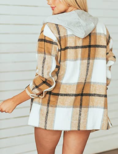 Xiaoxuemeng Womens Casual Plaid Hooded Shacket Flannel Jacket Button Down Shirt Hoodie (Khaki-Xl) #TOP3