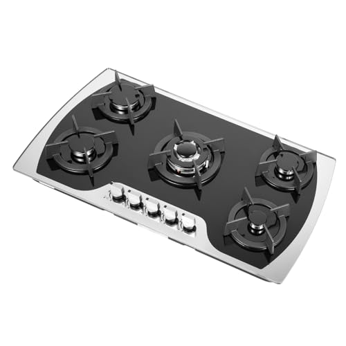 KANBCNG Cocina de gas con 5 quemadores, 5 fuegos, control de fuego de 180°, empotrable/encimera, soporte para olla, extraíble, de vidrio templado, cocina de gas de 5 zonas, hornillo de gas LPG/NG