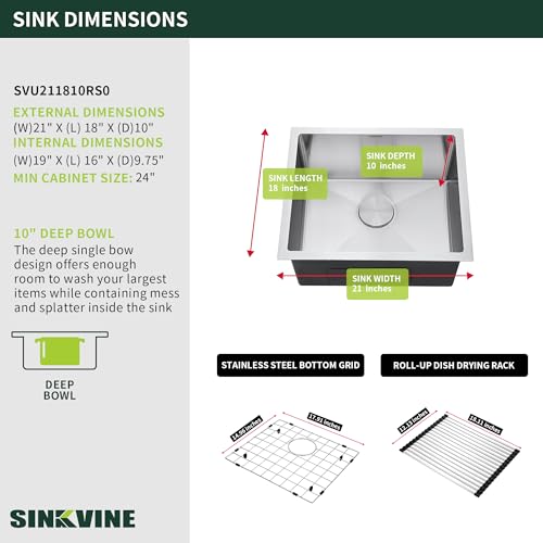 Image of 21-Inch Undermount Kitchen Sink, SINKVINE Stainless Steel Single Bowl | 21x18x10 Deep Prep Sink for Outdoor Kitchens, Bars, Laundry Rooms and RVs with Bottom Grid, Drain Strainer and Drying Rack