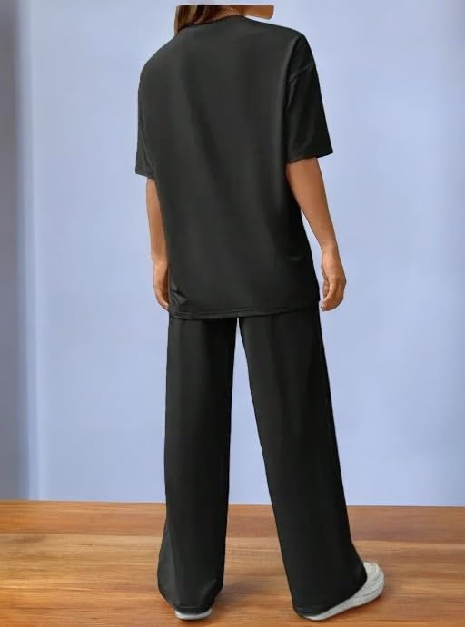 Image of My Swag Women Casual T-Shirt & Trouser Co-Ords Set Half Sleeve Loose-Fit Summer Cord Set 2 Piece Black Outfit Pajama Set for Women & Girls