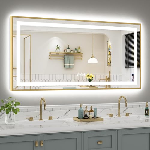 Image of 60x30 Inch LED Bathroom Mirror with Gold Frame, Backlit & Front Lit, Anti-Fog Lighted Bathroom Vanity Mirror for Wall, Memory Function, Dimmable, HD Tempered Glass, Shatter-Proof