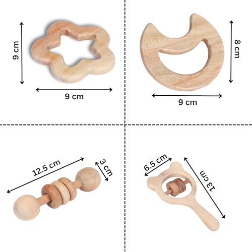 Image of Babbles Neem Wood Teethers for Babies | Wooden Teethers for 6 to 12 Months Baby | Natural and Antibacteria (Star + Moon + Dumbbell + Micky)