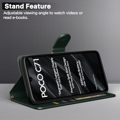 Image of Amazon Basics Flip Cover for Poco C71 / Redmi A5 Leather Finish | Wallet Stand and Shock Proof | Inside TPU with Card Pockets | Complete Protection Flip Case(Green)