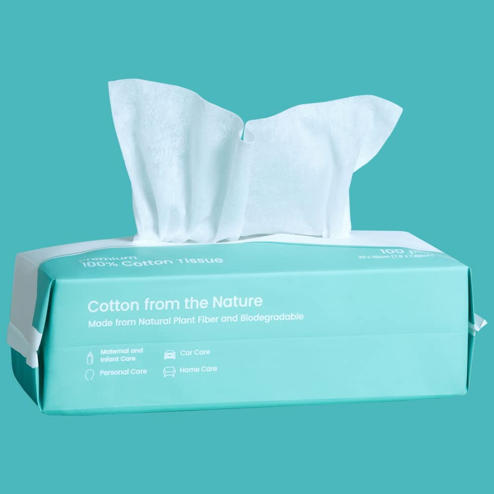Saraflora 100% Cotton Facial Tissue Soft Dry Wipe 6 Pack, Use for Sensitive Skin Disposable Face Towel Extra Thick Dry and Wet Use Disposable Cotton Tissues for Washing Face Makeup Wipes(600 Count )
