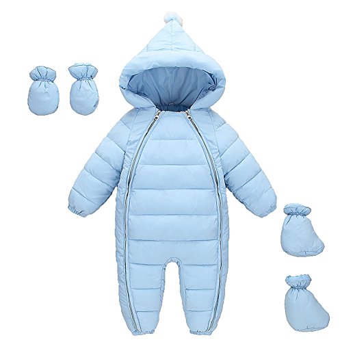 MissChild Traje de Nieve y Guantes Footies Bebé, Chaqueta con Capucha Cremallera Frontal Ropa de Invierno Infantil Azul Label 80