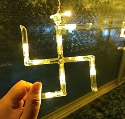 Image of URM Plastic Warm White Swastik Curtain Light, String LED Lights with Pack of 12 Hanging Swastik 8 Flashing Modes for Diwali Decoration, 5 Cm