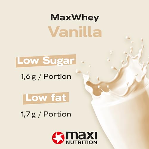 MaxiNutrition MaxWhey 100% Whey Proteinpulver Vanille 420 g Dose, ergibt 14 Protein-Shakes à 23g Eiweiß, ohne künstliche Aromen, inkl. Vitamin B6, Made in Germany