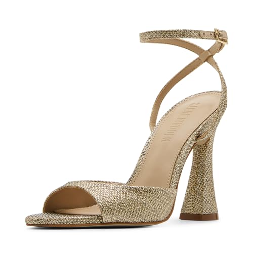 Steve Madden Women's Beki Heeled Sandal, Gold Fabric, 6