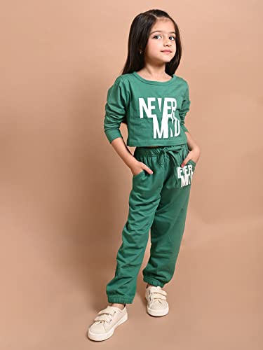 Image of LILPICKS Girls Never Mind Printed Crop Top with Jogger Set (Green)