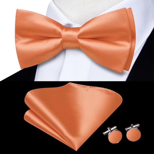 Image of Hi-Tie 5Pcs Mens Solid Color Silk Tie Satin Pretied Bowtie Lapel Pin for Men Handkerchief Cufflink Wedding Gift Box