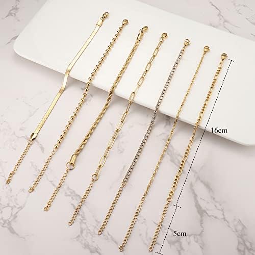 ADRAMATA 7 Pcs Chain Bracelets for Women 14K Gold Plated Stacking Bracelets Twist Figaro Herringbone Chain Bracelets Adjustable CZ Link Charm Bracelets Set Silver Gold Tone Bracelets for Women Girls