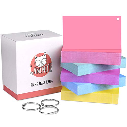 Gamenote Blank Flash Cards with Rings 3 x 5 Inch in Assorted Colors - 500 Index Card Hole Punch for Note Memory Office School Classroom Supplies