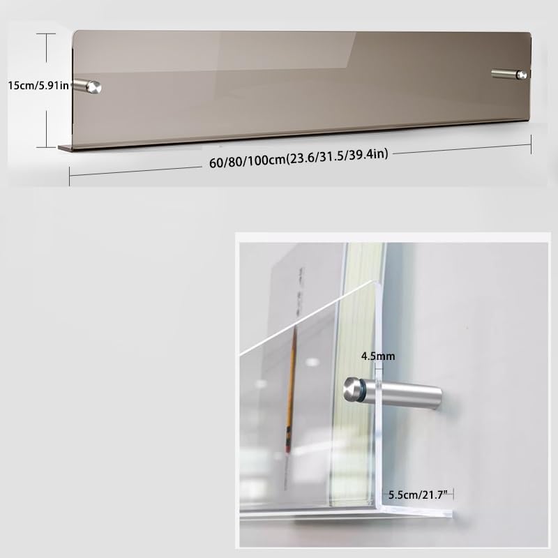 アクリル壁掛けマガジンシェルフ、壁掛けアクリルパンフレットホルダー、本棚、透明マガジンラック 文学収納ラック (グレー、60cm/2