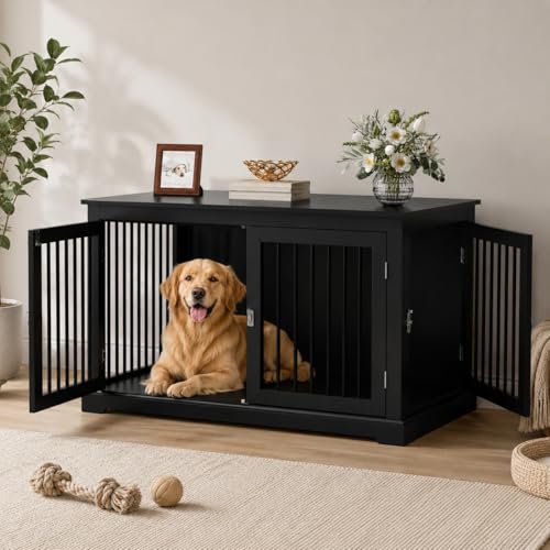 HOLTICO Mueble Jaula para Perros Grandes,Tapa Abatible,Tubos de Metal Antimordeduras,Doble Puerta,Incluye Cojín,Interiores,Mesa Auxiliar Salón,98x71.2x79cm,Negro