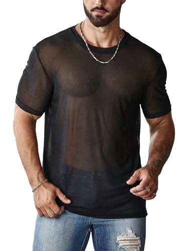 OYOANGLE Men's Sheer Mesh Short Sleeve Round Neck T Shirts Solid Plain See Through Party Tops Black X-Large