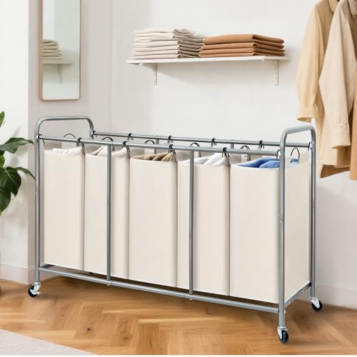 Image of STORAGE MANIAC 5 Section Laundry Sorter, 5 Bins Rolling Separator Laundry Basket, Dirty Clothes Hamper Divider with Heavy Duty Lockable Wheels, Large Clothes Organizer Cart, Beige