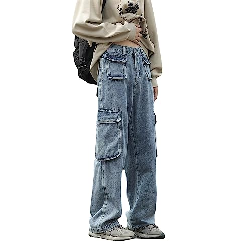 Men Punk Baggy Jeans Gothic Straight Leg Streetwear Y2K Cargo Denim Troursers Fairy Grunge Flap Pocket Relaxed Pants