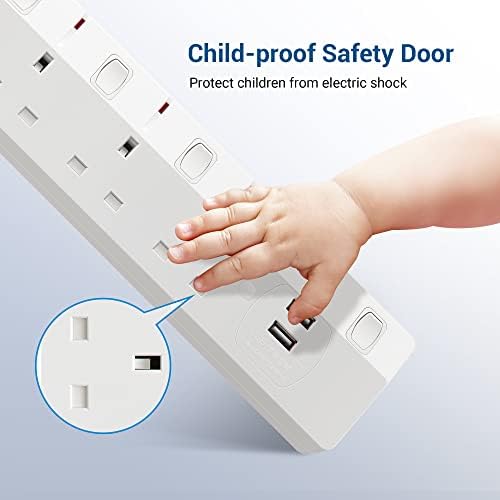 DEWENWILS Extension Lead with USB Slots, 5 Way Surge Protected Extension Cord with Individual Switches, 13A Wall Mounted 3M Extension Cable, CE & UKCA Listed, White