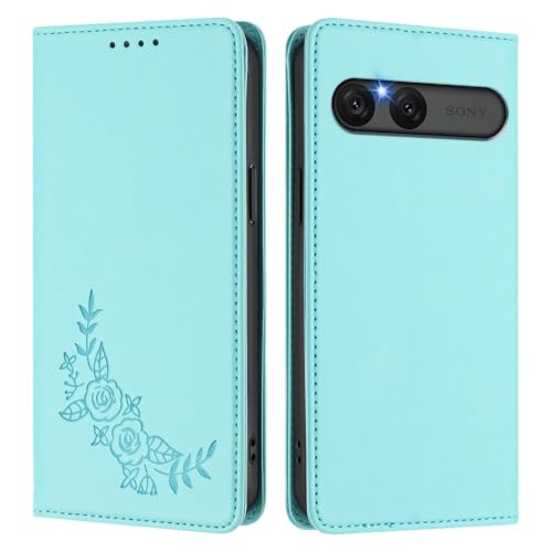 Étui Sony Xperia 1 V 5G 2023 à rabat magnétique motif fleurs et portefeuille cuir vert menthe