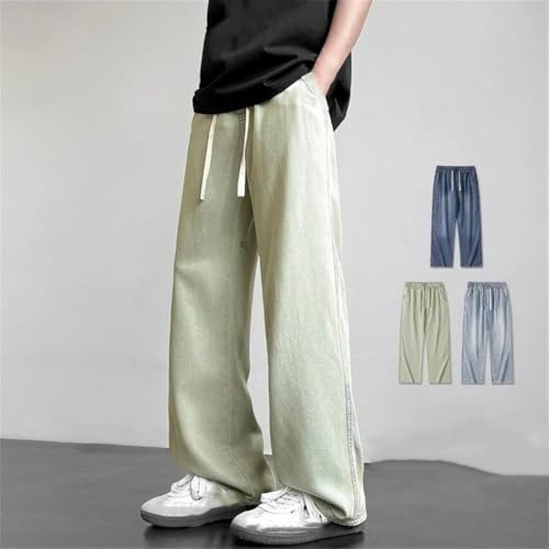 Men Drawstring Straight Pant Vintage Wash Denim Streetwear Trousers Wide Leg Jeans Loose Pants2