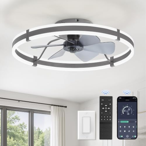 Image of ZMISHIBO Low Profile 24'' Ceiling Fans with Lights and Remote, Gray | 3000-6000K Dimmable LED Fandelier, Quiet DC Motor, Reversible Airflow, 6 Wind Speeds, Timer, Bedroom, Living Room, Kitchen