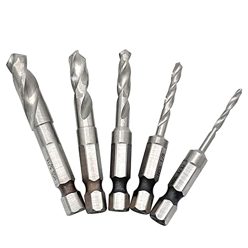 Saipe 5Pcs 1/4" Quick Change Hex Shank Metal Stubby Drill Bits Short Drill Bit Set Hss M2 For Right-Angle Drill Attachment And Used In Tight Spaces, 3/32, 1/8, 3/16, 1/4, 5/16-Inch #TOP6