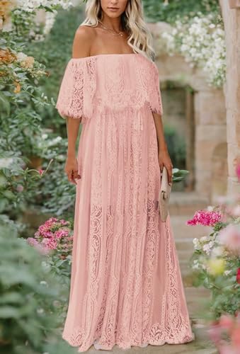 Image of HOYISHION Women's Off The Shoulder Floral Lace Maxi Dress White Bridesmaid Wedding Party Maternity Photoshoot Long Dresses