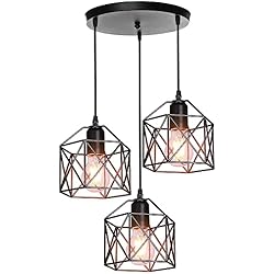 Lamparas Para Comedor Estilo Industrial PETITES ECREVISSES Vintage Lámpara Colgante Retro Industrial 3 Cabezas Luz de Techo Colgante Estilo Nórdico Iluminación Colgante para Cocina Comedor Oficina Salón (Negro-con una base redonda)