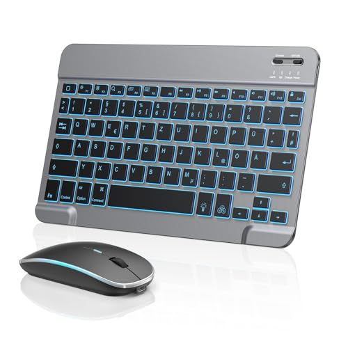 TECURS Bluetooth Tastatur Maus Set für iPad Air/Pro/Mini/11/10.9/10.2/9.7/iPhone, QWERTZ Deutsches...